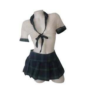 AVID LOVE Green Plaid Schoolgirl Cosplay Skirt and Cropped Top Womens Size M-L